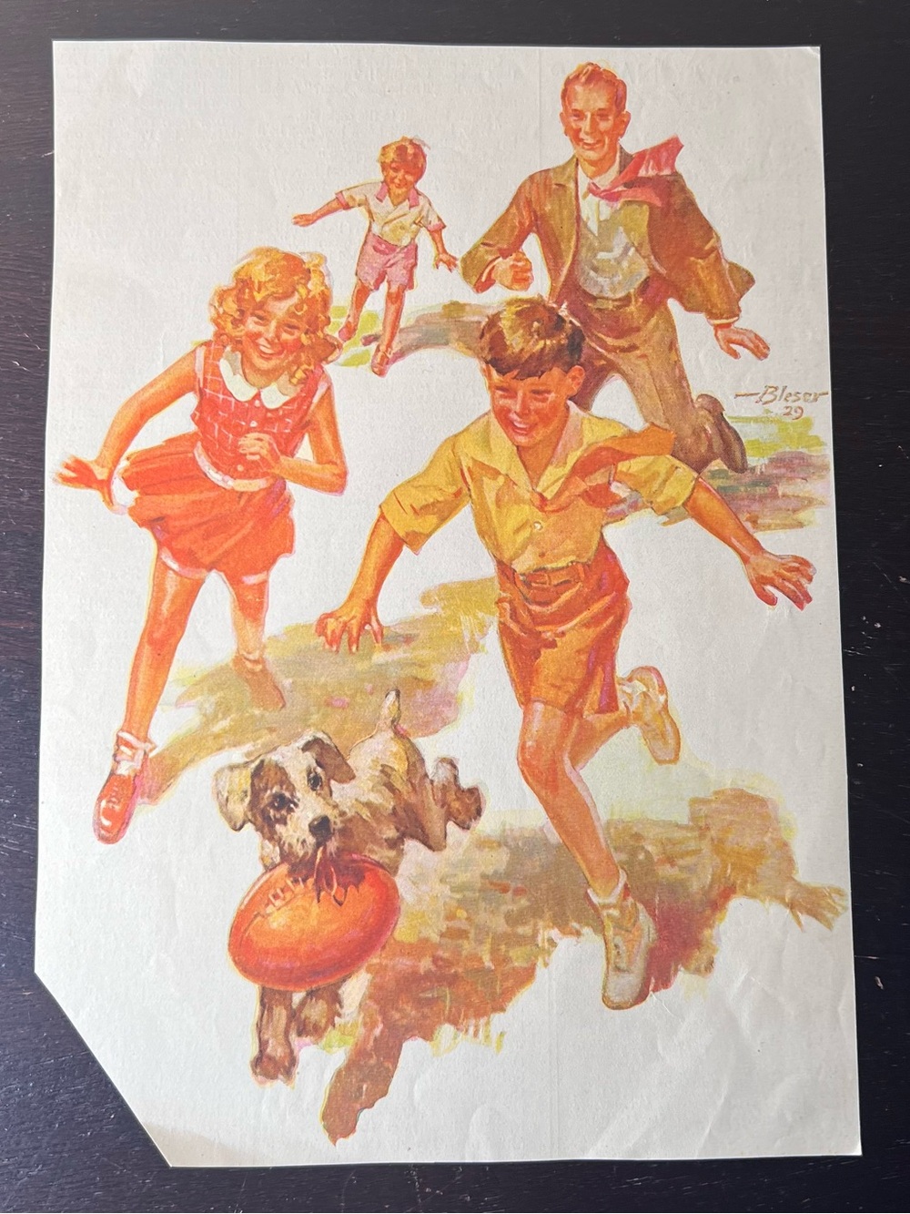 Antique 1929 August Bleser Jr. Children & Dog Football Illustration, ephemera